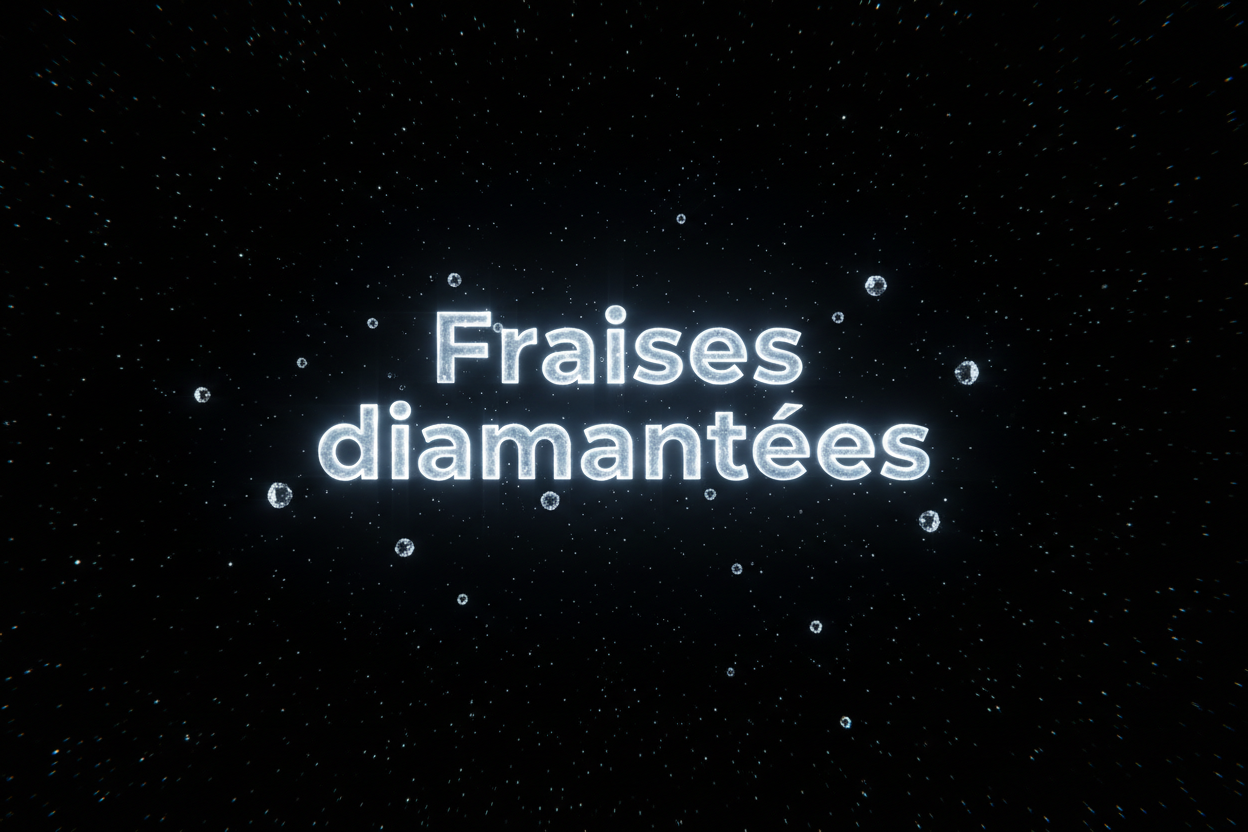 je veux une image de fond étoilée noir (étoile intense) avec un texte  brillant : Fraises diamantées 