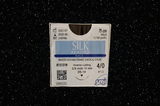 SMI Fil de suture en soie tressé non résorbable DS19  75 cm. Boîte de 12 Fils